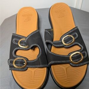 Black Slide Sandals with Gold Buckles - Women's Comfort Sandals